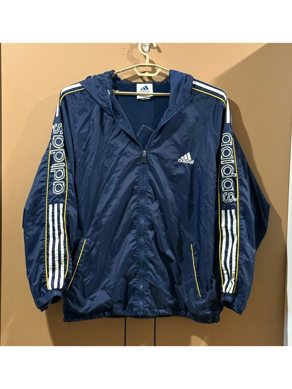 Vtg 90s Adidas Track Windbreaker Jacket Embroidered Navy Gold Hooded XL RARE
